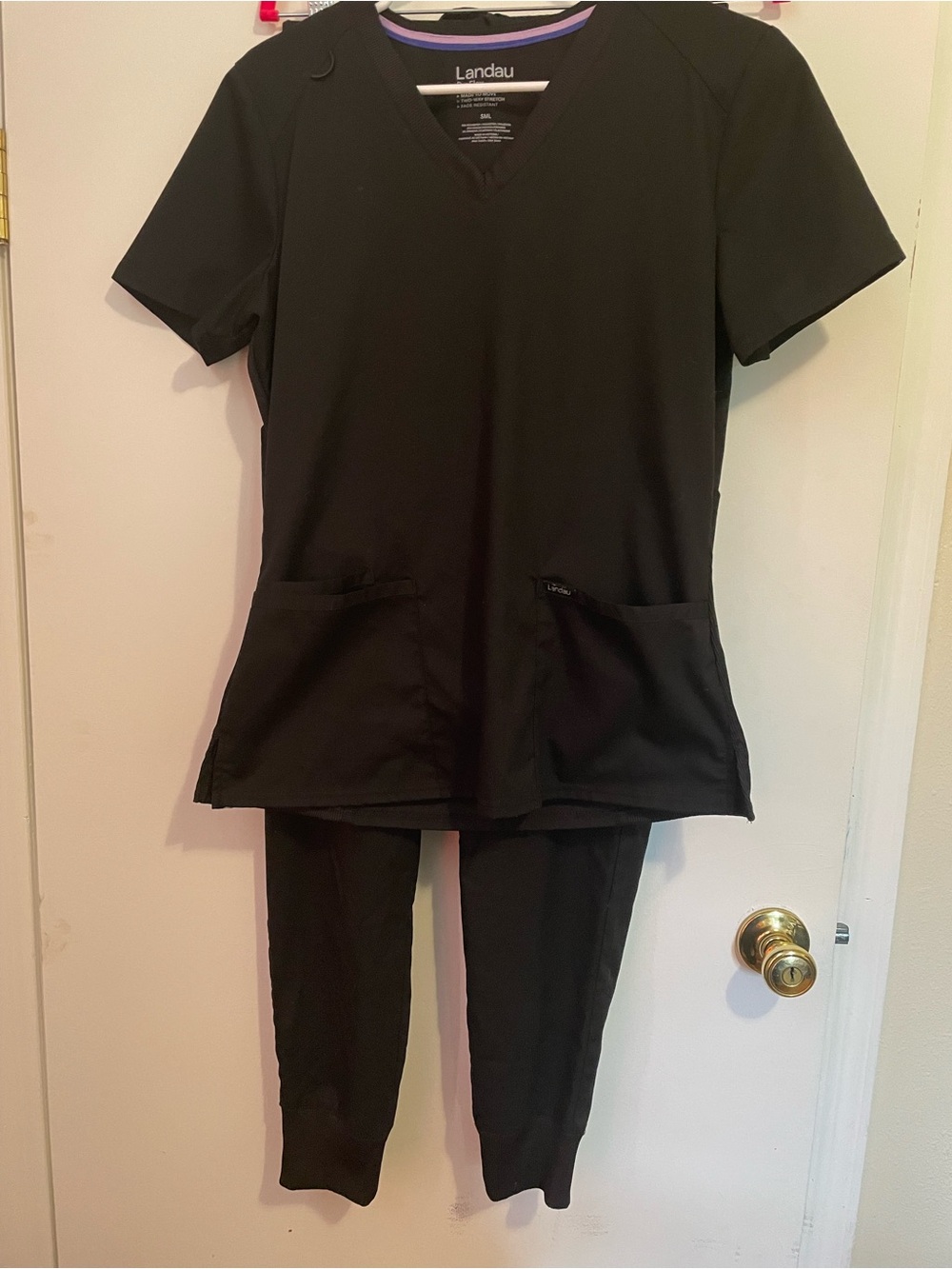 Landau Black Medical Scrub Top and Jogger Pants Set